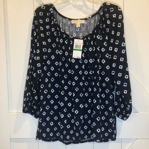 Michael Kors True Navy Diamond Print 3/4 Sleeve Knit Top Sz Large